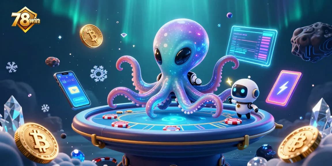 Experience thrilling action at 78win with an alien octopus playing holographic poker in a cosmic atmosphere.