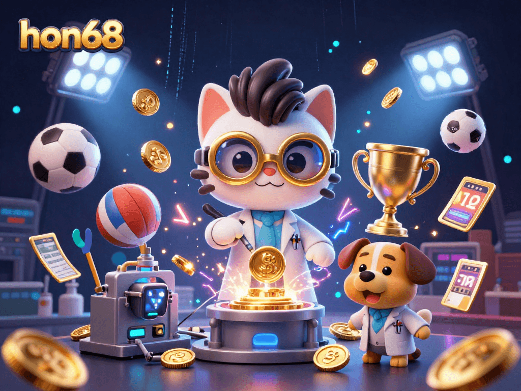 Engage with hon68's exciting gaming experience, featuring a vibrant 3D casino scene filled with dynamic sports elements.