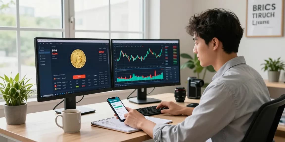 Buy BRICS coins in a modern home office with cryptocurrency dashboards.