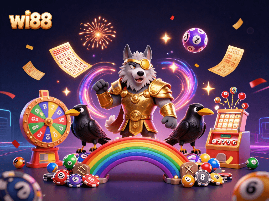 Engage in the thrilling world of wi88 with vibrant colors, dynamic casino elements, and Norse mythological characters.