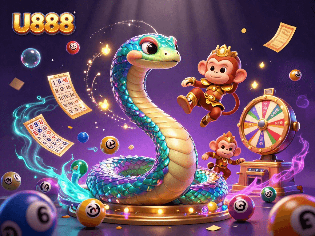 U888's vibrant gameplay illustrated with a rainbow serpent and monkey king amidst colorful lottery elements, creating excitement.