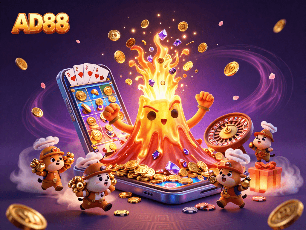Engage with AD88's epic slot adventures featuring a golden volcano erupting coins and treasure.