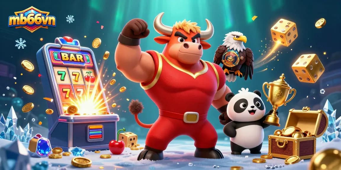 Win with mb66vn as the bull mascot celebrates a jackpot in a dynamic casino scene.