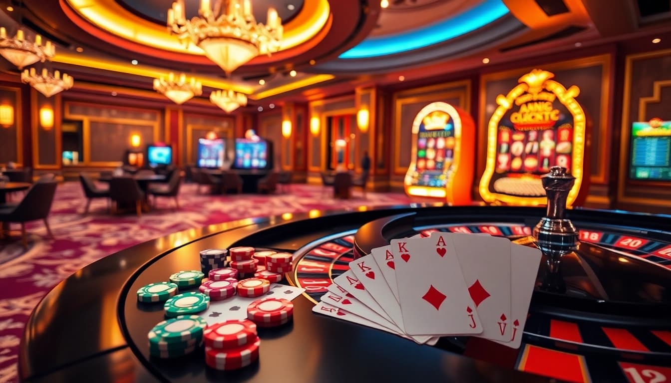 Exciting casino scene showcasing 13win with roulette, cards, and digital gaming elements for an immersive atmosphere.