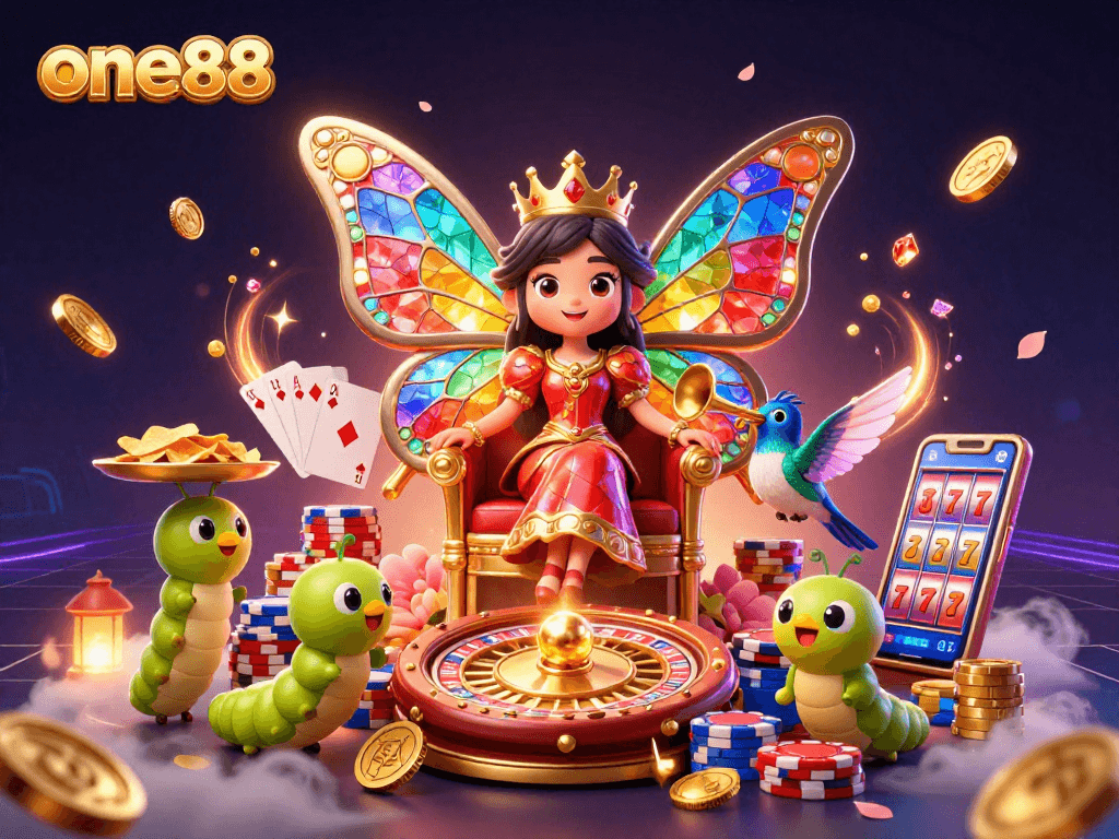 Experience thrilling games at one88 with vibrant animations of coins, chips, and cards.