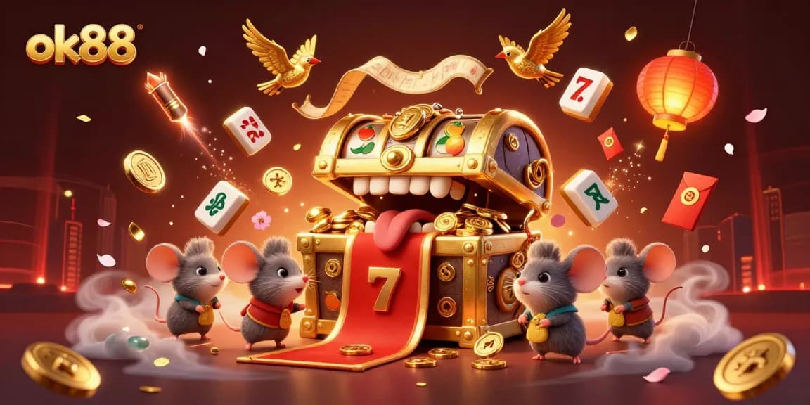 Ok88 casino scene featuring adventurer mice attracted to a treasure chest with slot machines and vibrant decorations.