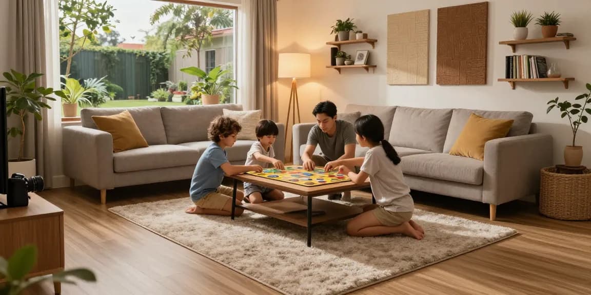 Acoustic flooring UK showcased in a family-friendly living room, enhancing comfort and sound insulation.
