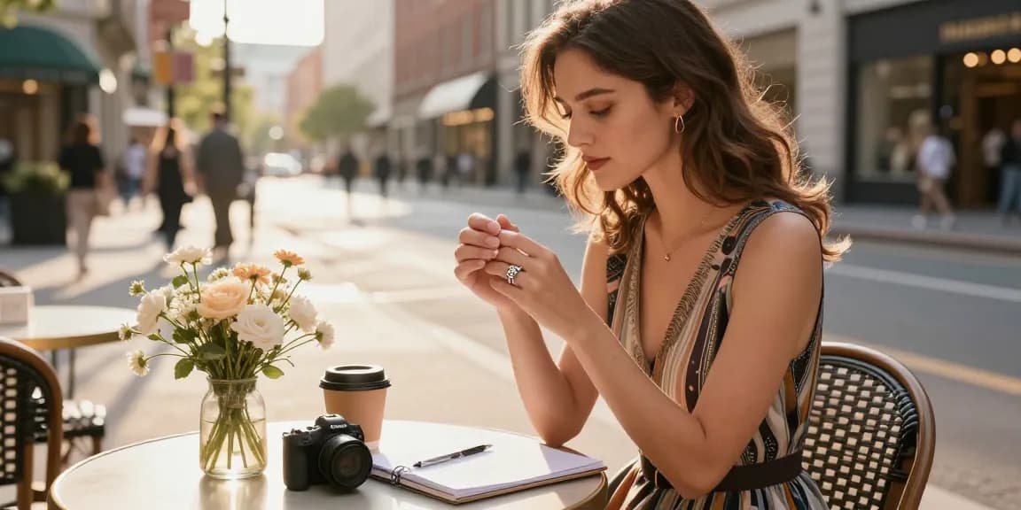 Stylish woman admiring wedding rings for women at outdoor café, vibrant urban setting.