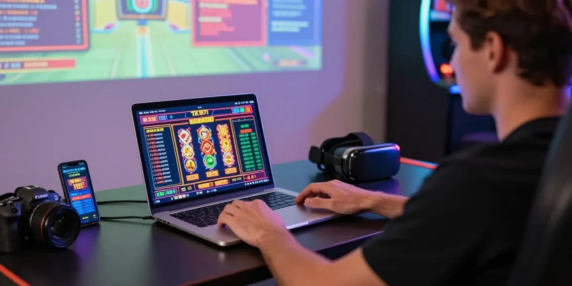 Engaging TK1971 online casino scene with a player enjoying vibrant slot games and sports betting.