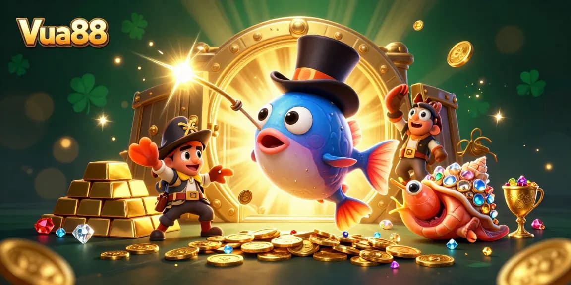 Vua88 showcases a thrilling 3D scene featuring vibrant sea creatures gathering treasures, enhancing the online casino experience.