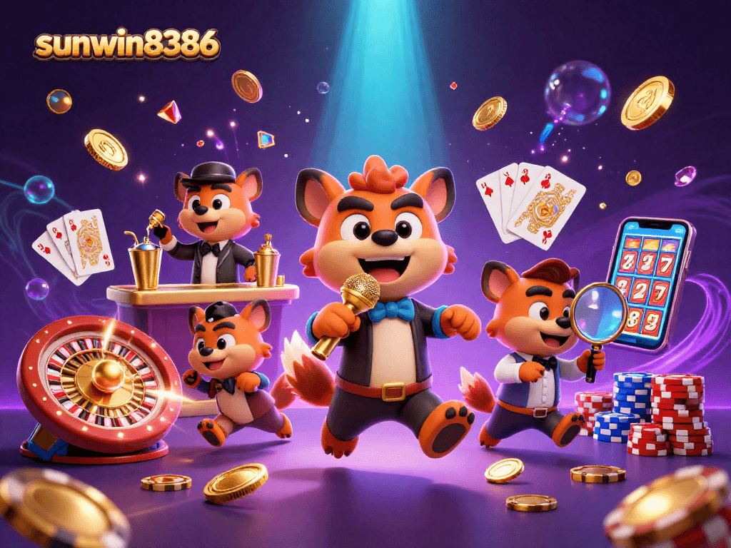 Experience thrilling entertainment at sunwin8386 with lively hyenas in a colorful casino scene.