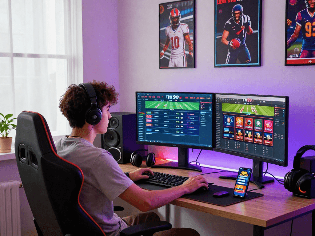 Engaging gaming setup showing TK 999 online sports betting and casino games, highlighting vibrant atmosphere and modern design.