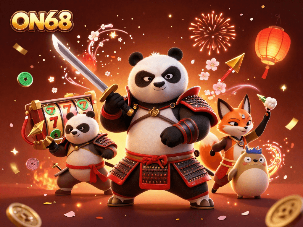 Experience the thrilling world of ON68 with a stylish samurai panda, ninja fox, and magical spirit in a vibrant, festive casino setting.