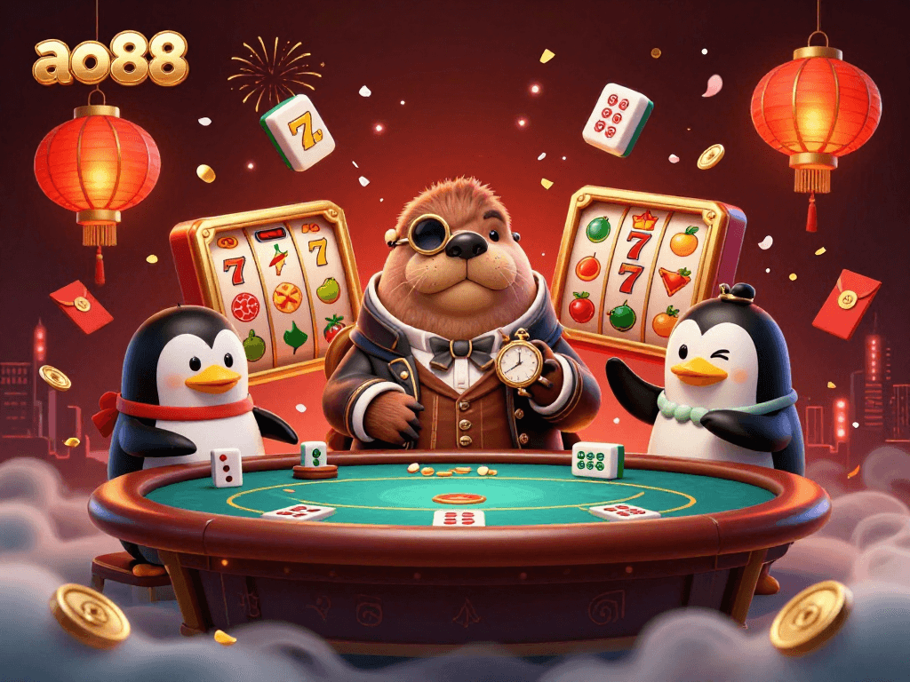 Experience the thrill of ao88 with a jolly walrus at an underwater casino, spinning slots and winning.