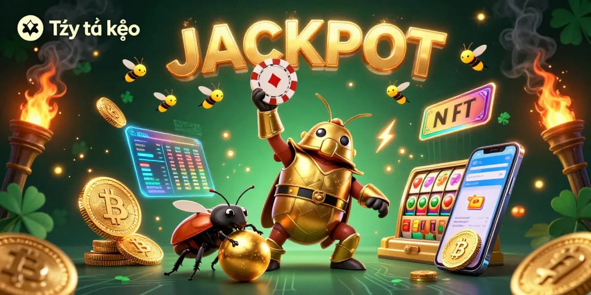 Experience Tỷ lệ kèo with vibrant 3D art showcasing victory and crypto elements in a dynamic casino setting.