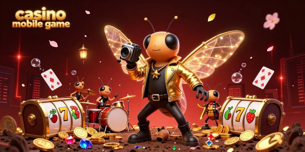 Engage with a vibrant scene showcasing the exciting casino mobile game experience, featuring a cicada rock star and dynamic gaming elements.