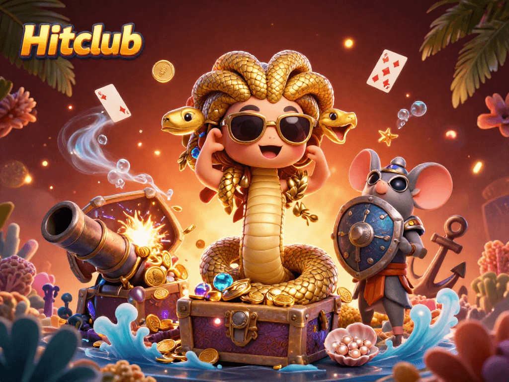 Hitclub offers thrilling gameplay with a lively scene of characters and vibrant casino elements, showcasing excitement.