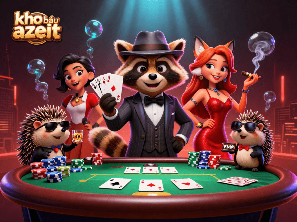 Engage with kho báu aztec as cartoon characters surround a vibrant poker scene filled with chips and cards.