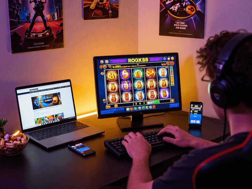 Player enjoying ROKOK88's slot games online with vibrant graphics and cozy setup.