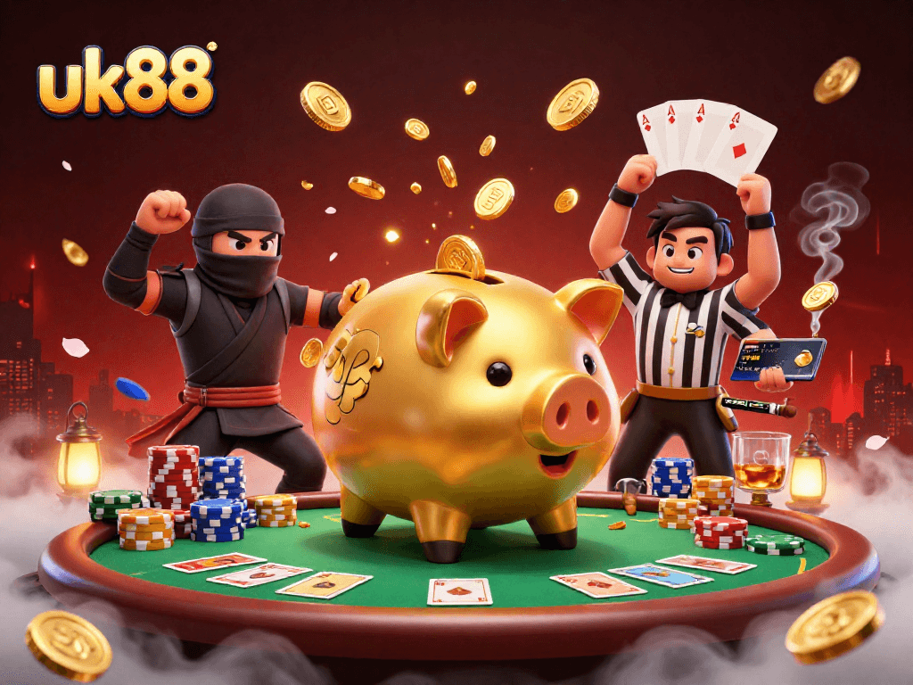 Experience exciting gameplay at uk88 with a dynamic cartoon scene showcasing poker strategy and betting excitement.