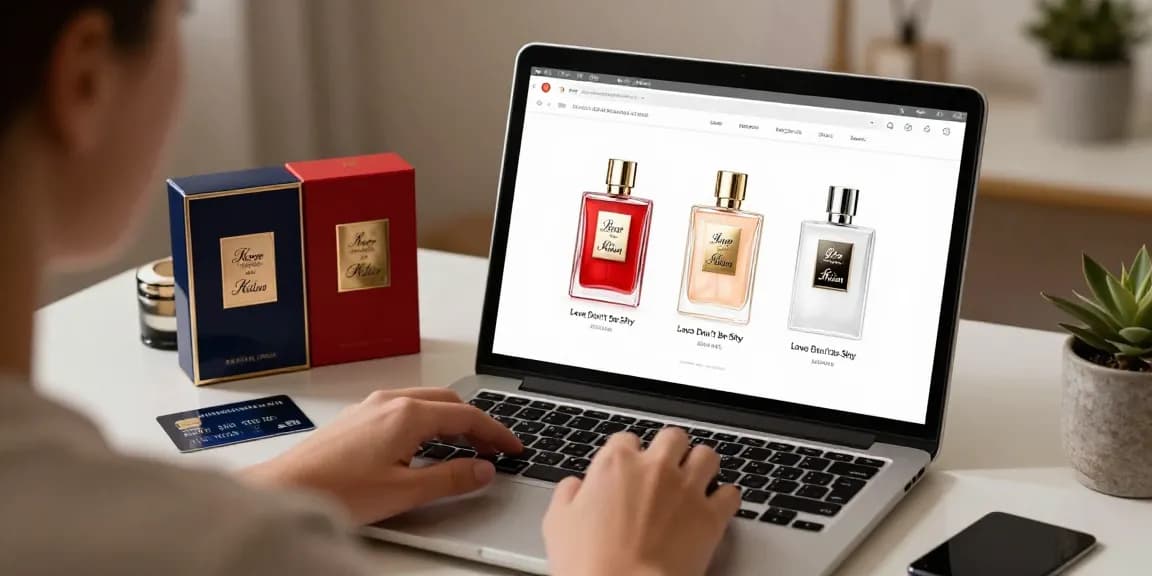 Kilian Love Don't Be Shy perfume displayed during online shopping, showcasing best deals for perfume samples.