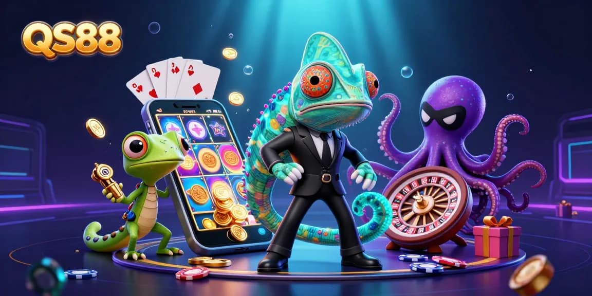Engage with QS88's thrilling slot games in an ultra-detailed 3D casino scene.
