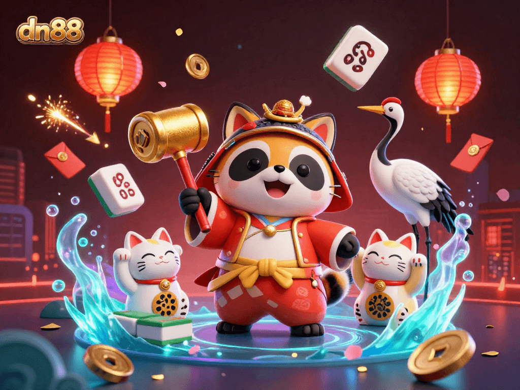 Experience the vibrant energy of dn88 with a joyous tanuki, glowing luck symbols, and festive elements.