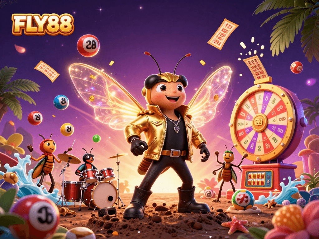 Engage with FLY88's vibrant gambling scene featuring a cicada rock star, lottery balls, and dynamic game elements.