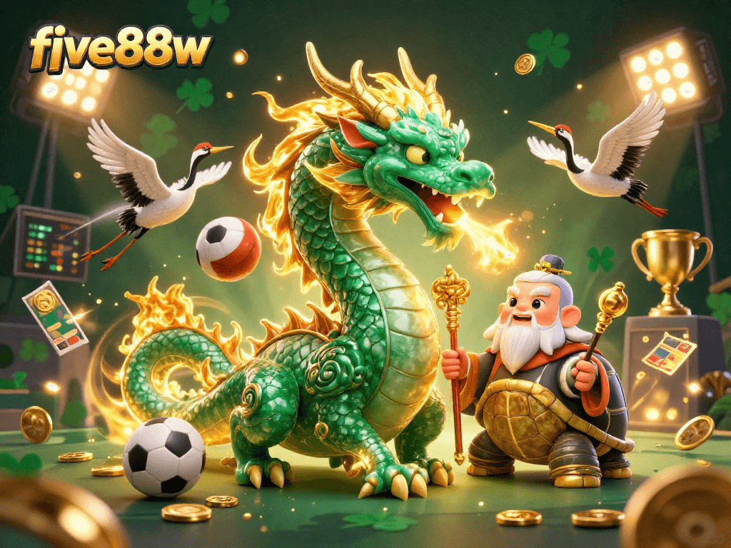 five88w showcases a vibrant 3D scene with a dragon and lucky cranes amidst sports elements