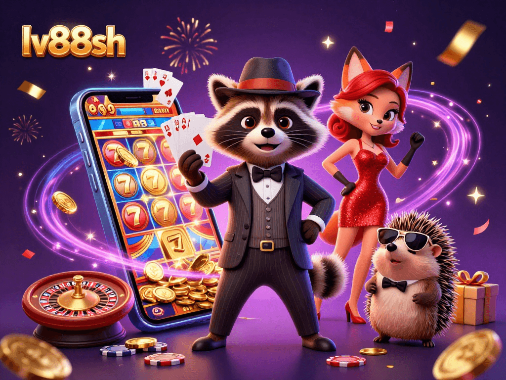 Join the fun with lv88sh and a suave raccoon, fox, and hedgehog in a vibrant casino scene.
