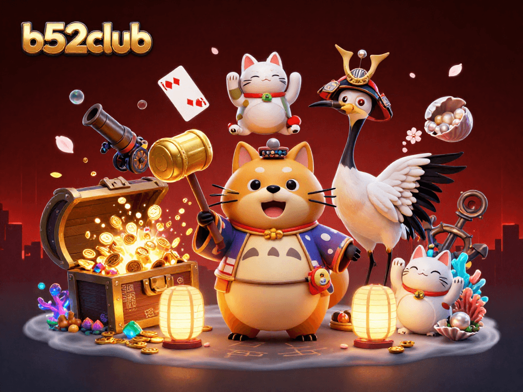 b52club brings excitement to the scene with a cheerful tanuki and colorful fortune cats amid casino-themed treasures.