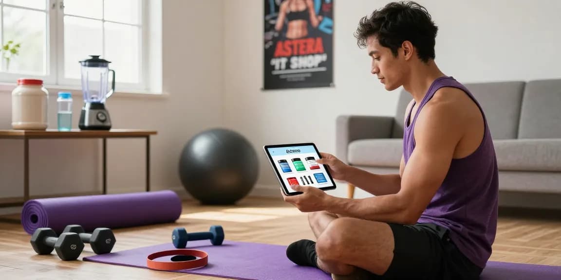 Exploring anabolic supplements at Astera Shop in a home gym setting with fitness gear.