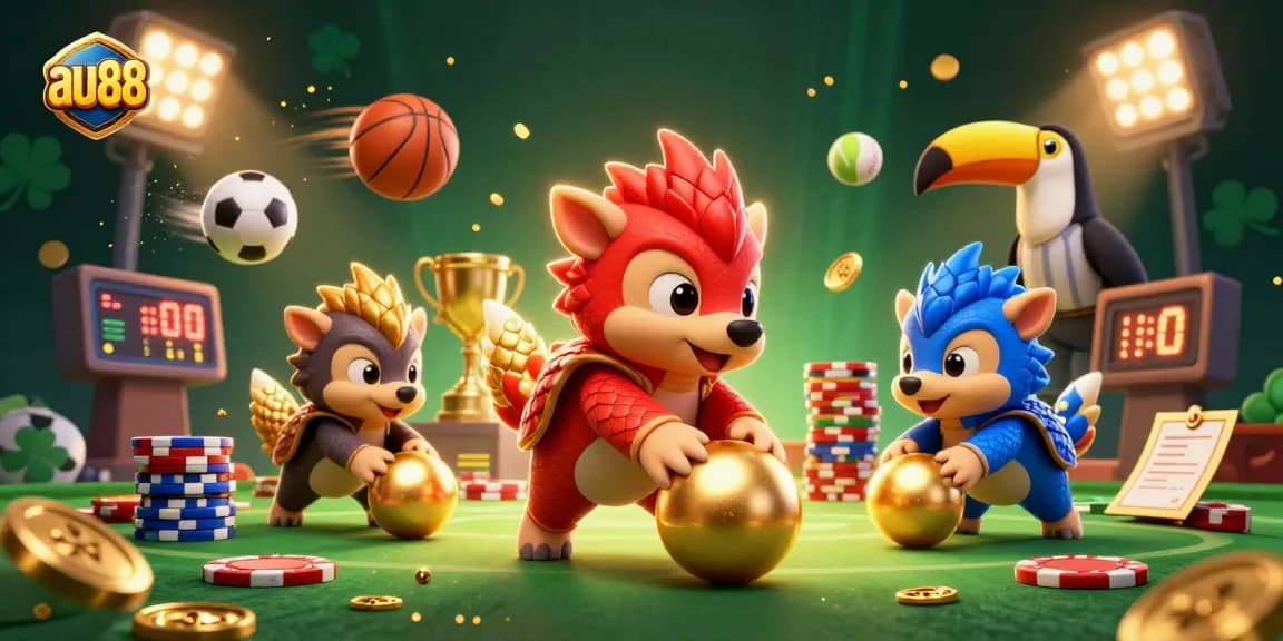 Engage with the exciting world of au88 as rival pangolins roll through a cascade of golden poker chips in a vibrant 3D casino illustration.