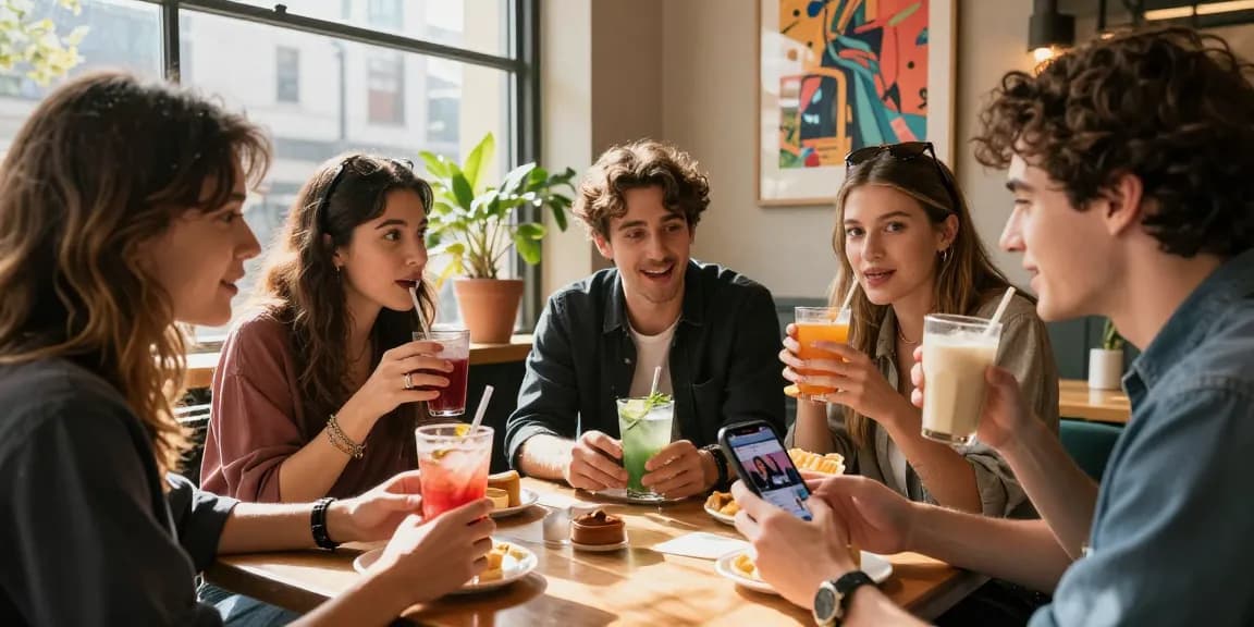 Excited friends sharing famous stars updates gourmeticat in a lively café