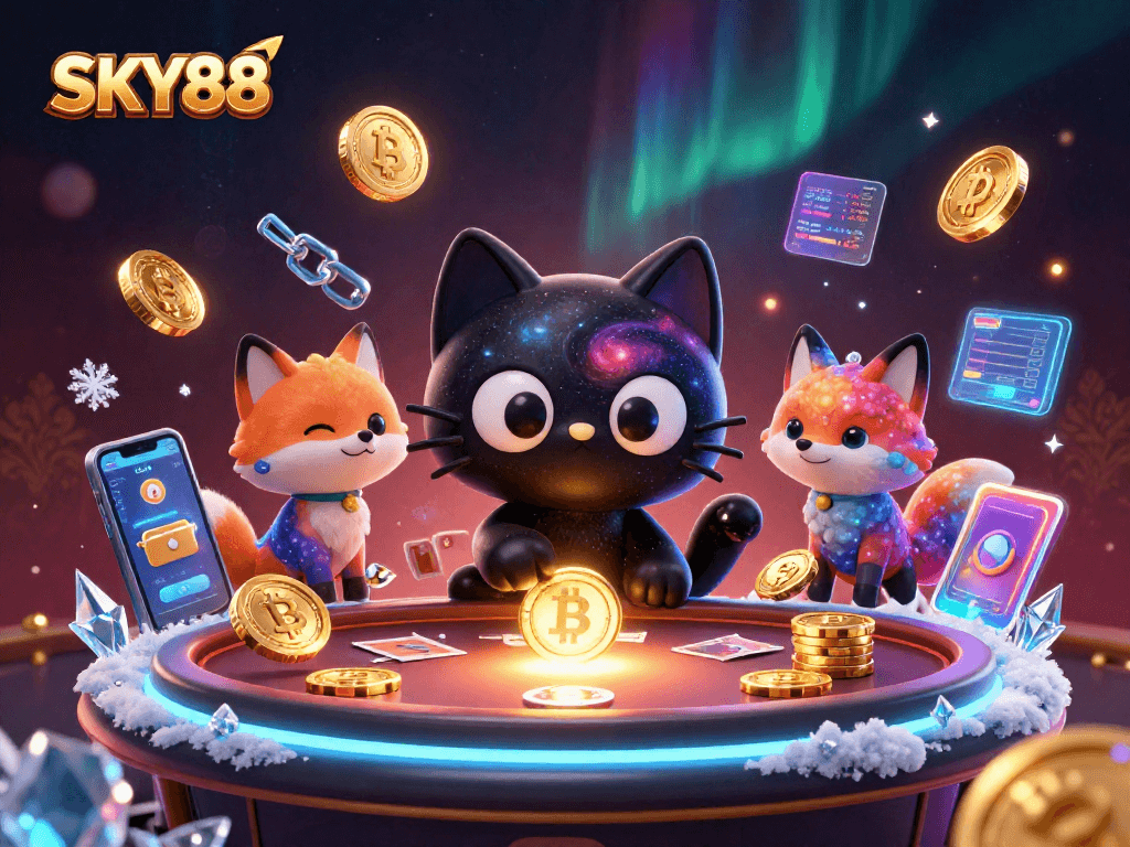Engage with SKY88's exciting cosmic casino experience featuring a black hole cat and nebula fox.