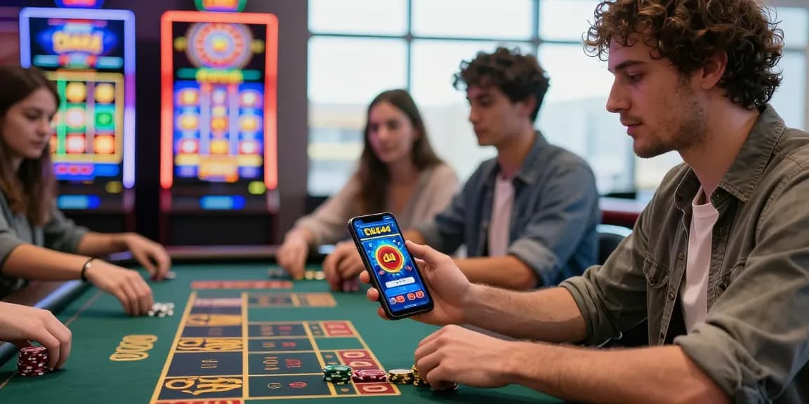 Player using CK444 app at dynamic online casino table with colorful slots in background.