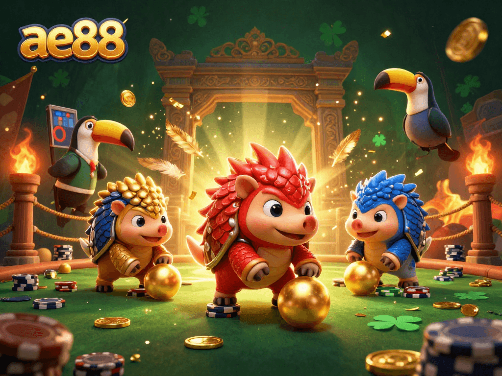 Experience thrilling gameplay with ae88's colorful pangolin characters in a dynamic casino scene.