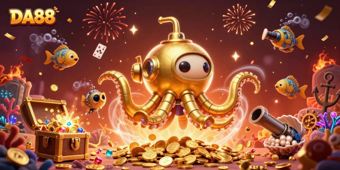 Engage with DA88's vibrant golden kraken submarine amid floating playing cards and treasure.