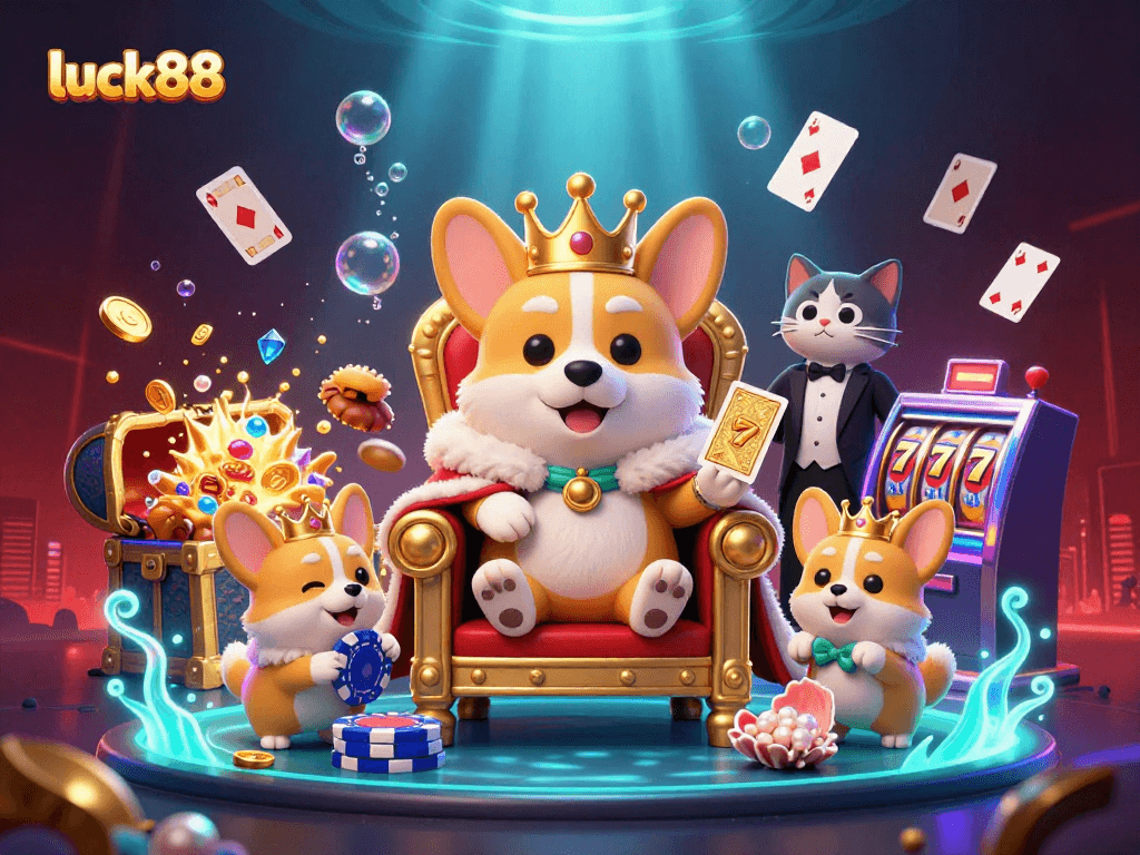 Experience the thrill of luck88 with a vibrant 3D casino scene featuring royal corgi characters and dynamic slot machine elements.