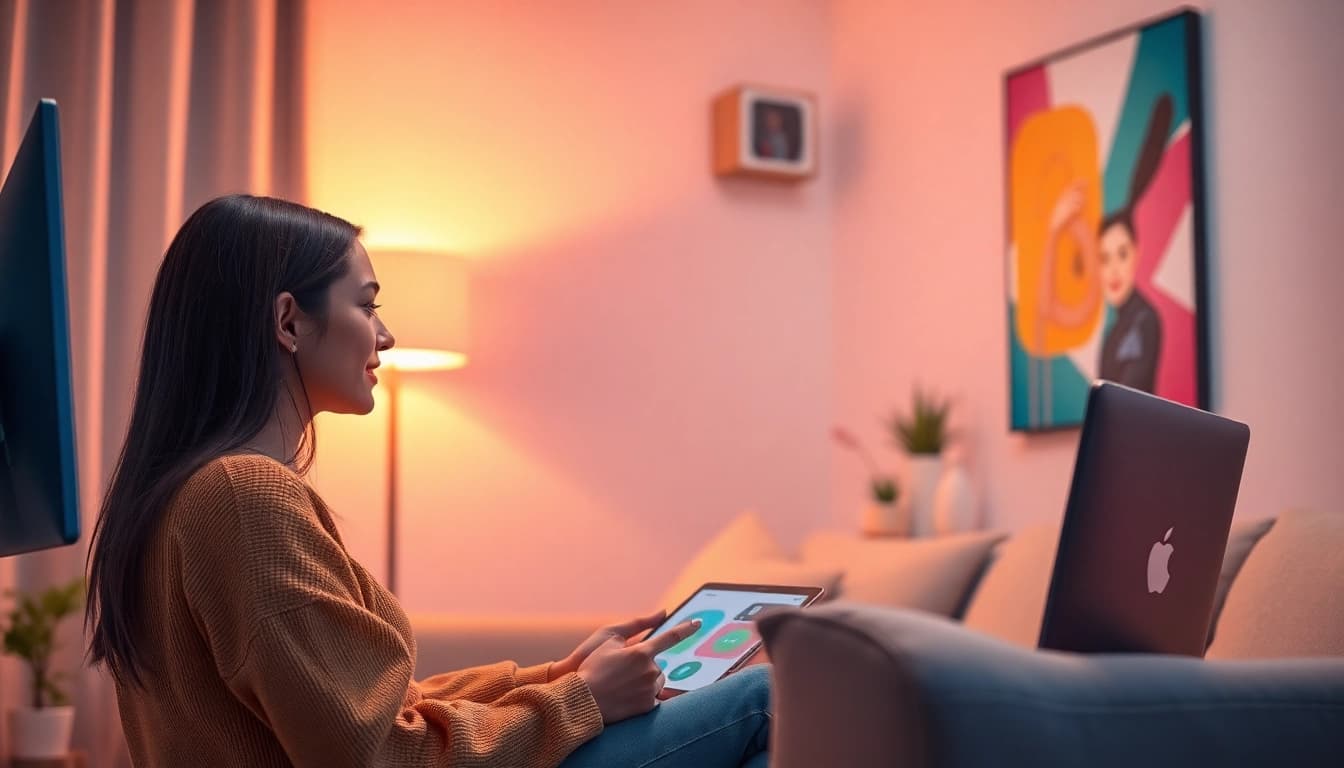 Interactive AI sex chat with a friendly female character in a modern virtual space.