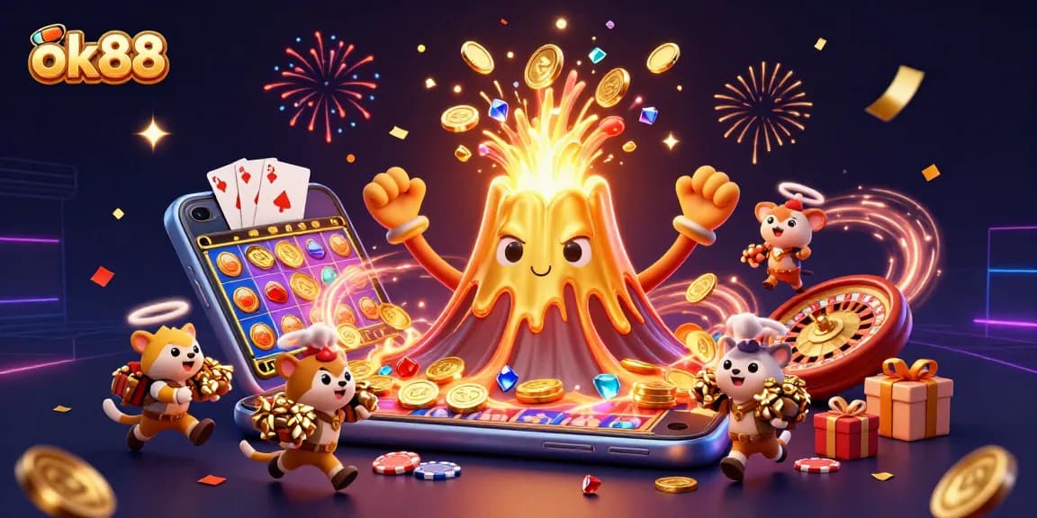 Experience excitement at ok88 with a vibrant 3D casino scene bursting with treasures and gaming elements.