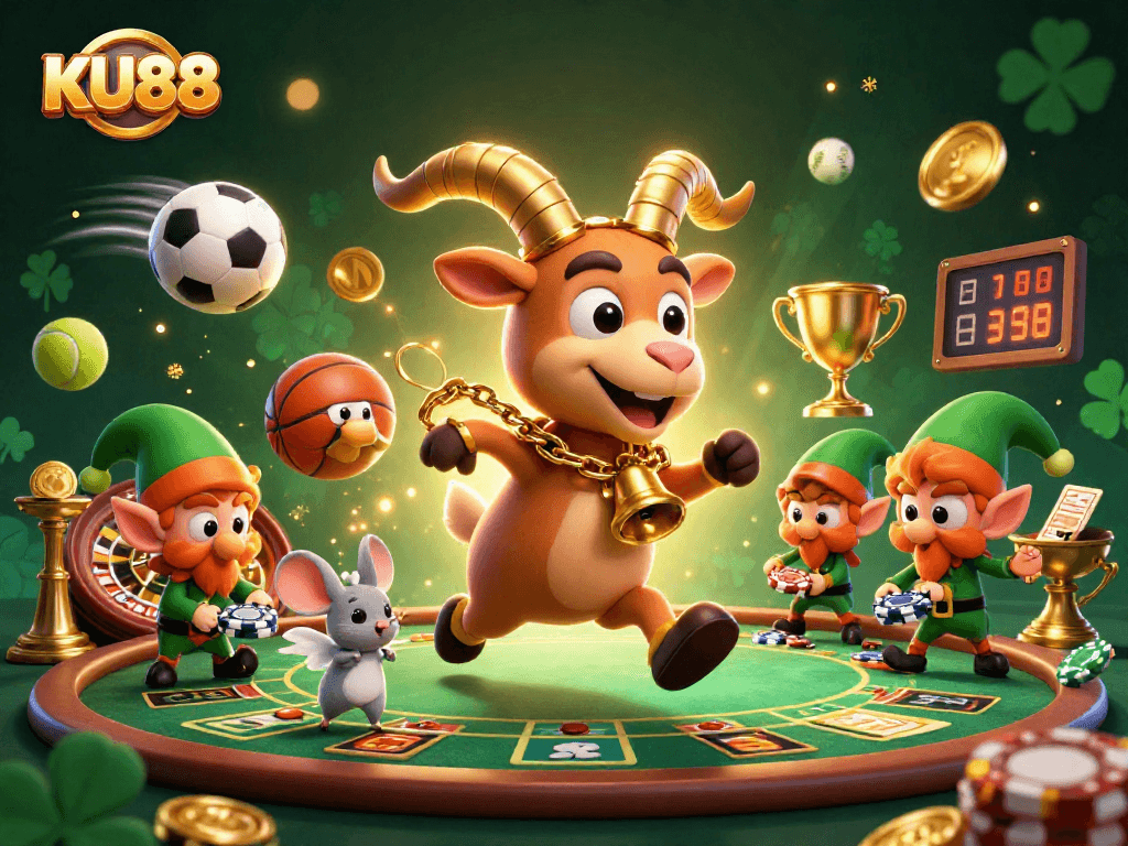 Action-packed KU88 casino scene featuring a festive Krampus and playful characters stealing chips.