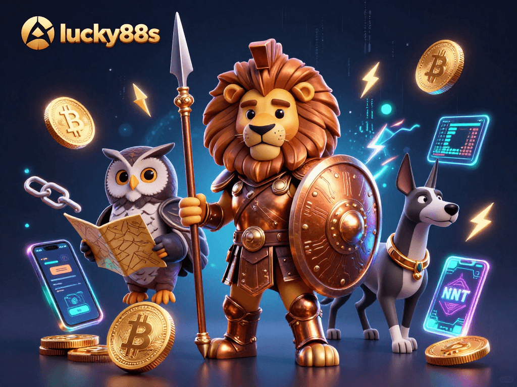 Engage in thrilling gameplay with lucky88s, showcasing a Spartan lion and a tactical owl in a vibrant casino scene.