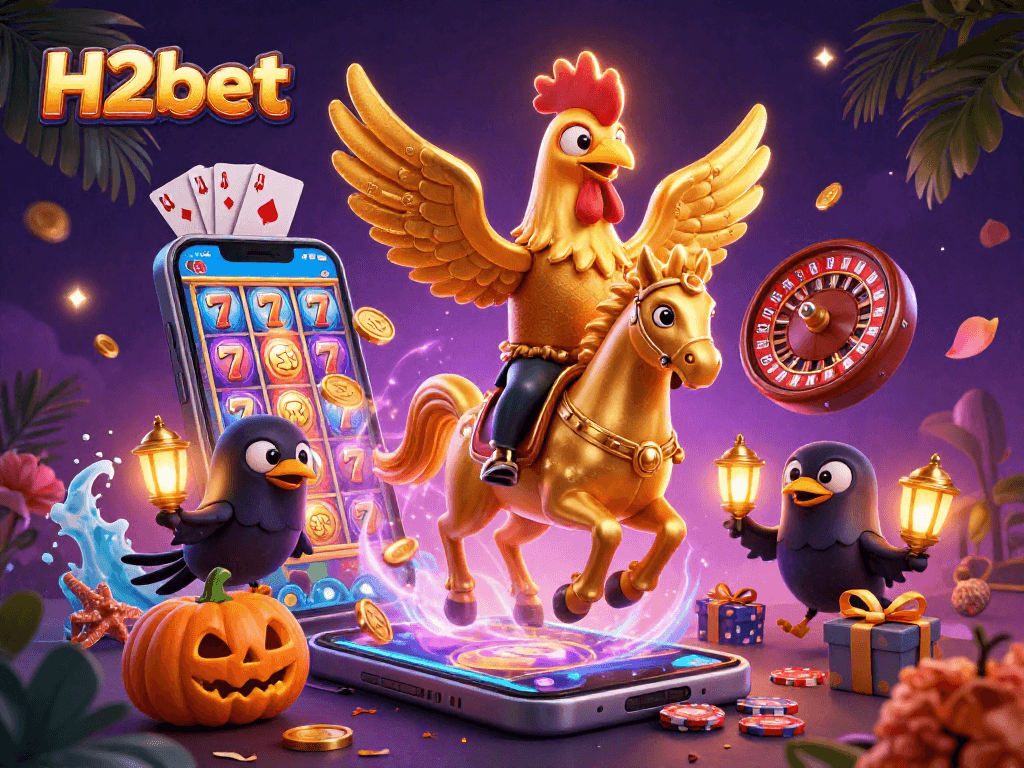 Experience winnings with H2bet, featuring a golden rooster and spectacular casino elements.