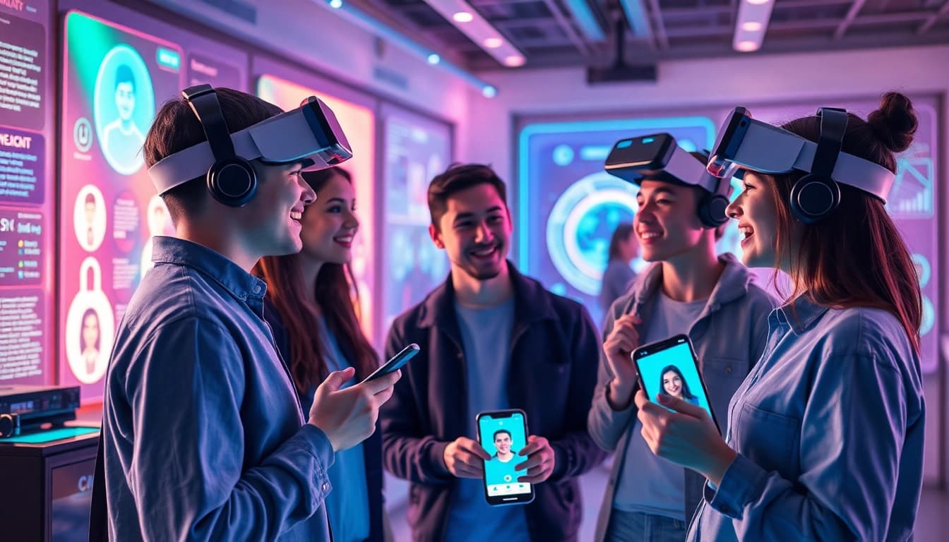 Dynamic scene of Crushon users interacting with AI avatars in a vibrant tech environment, showcasing innovation and connectivity.