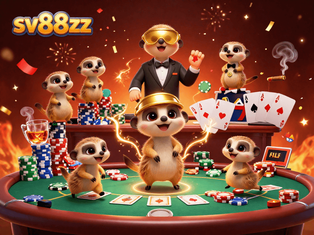 Experience the thrilling casino action of sv88zz with playful meerkats at a vibrant poker table.