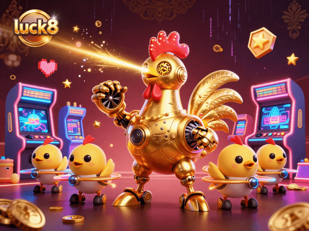 Engage with luck8's vibrant 3D casino gaming scene featuring dynamic characters and golden elements.