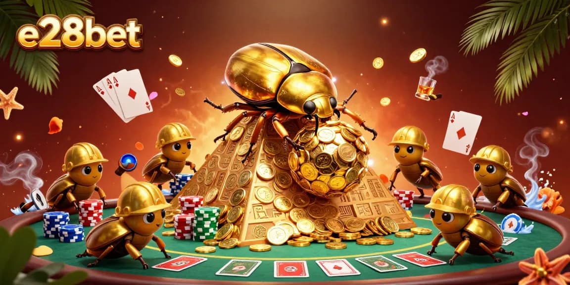 Experience e28bet's vibrant casino scene with a golden beetle and poker elements.