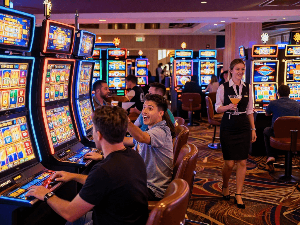 Players celebrating at slot jackpot machines in a vibrant casino.