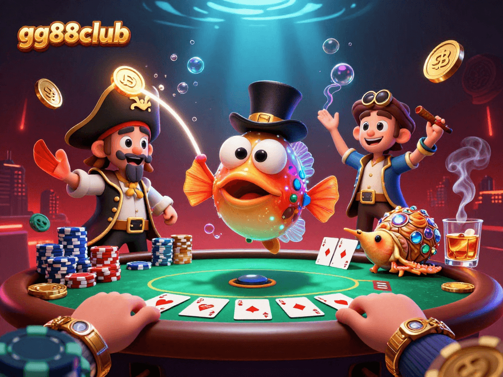 Engage in thrilling gameplay at gg88club with an imaginative underwater casino scene showcasing unique characters and vibrant elements.